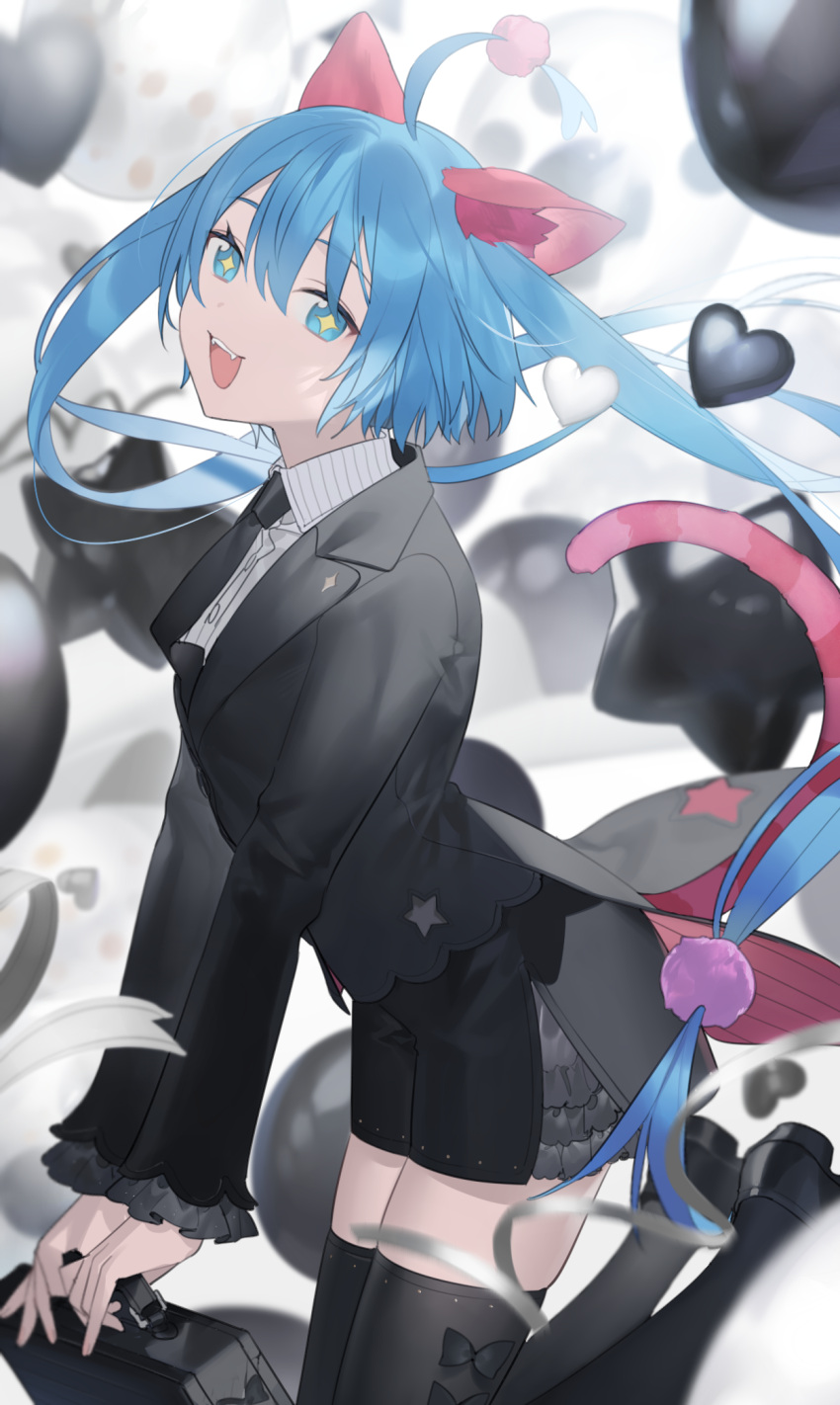 1girl ahoge animal_ears bag bangs black_neckwear black_suit blue_eyes blue_hair blurry blurry_background bow_legwear cat_ears cat_tail collared_shirt eyebrows_visible_through_hair fangs from_side hair_between_eyes handbag heart heiwa_(murasiho) highres jumping legs_up long_hair long_sleeves looking_at_viewer looking_to_the_side necktie open_mouth original shirt shoes sidelocks smile solo sparkling_eyes star_(symbol) tail thigh-highs thighs twintails two_side_up zettai_ryouiki