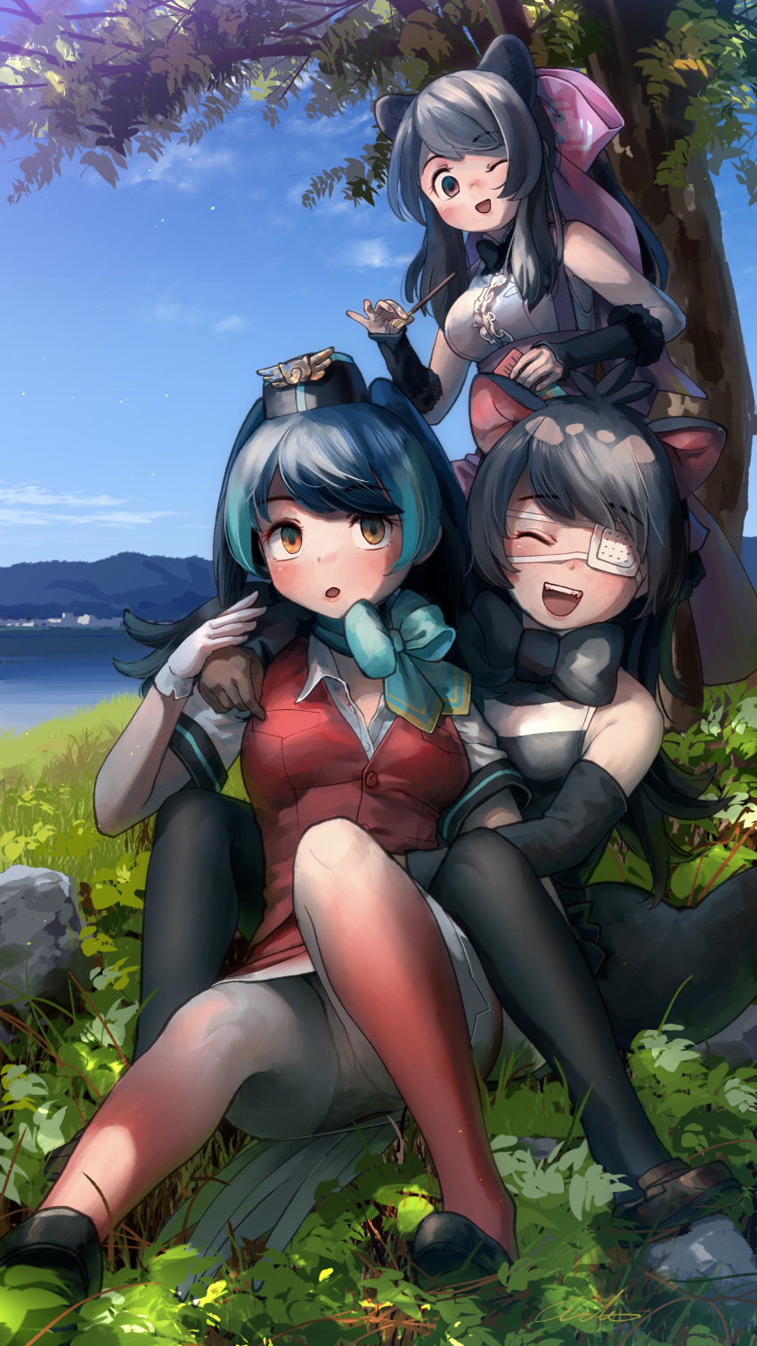 3girls :d :o ;d absurdres animal_ears australian_devil_(kemono_friends) bangs bare_shoulders bear_ears bergman's_bear_(kemono_friends) bird_tail black_bow black_hair black_legwear black_neckwear blue_bow blue_hair blue_neckwear blue_sky bow bowtie brown_gloves closed_eyes commentary_request day detached_sleeves empty_eyes eyebrows_visible_through_hair eyepatch facing_viewer food gloves gradient gradient_legwear grass hair_ribbon hat highres hug kemono_friends long_hair looking_at_viewer medical_eyepatch multiple_girls nature one_eye_closed open_mouth outdoors pantyhose passenger_pigeon_(kemono_friends) pink_ribbon pocky red_legwear red_vest ribbon short_sleeves sitting sky smile tail tasmanian_devil_ears trait_connection tree vest welt_(kinsei_koutenkyoku) white_gloves white_legwear