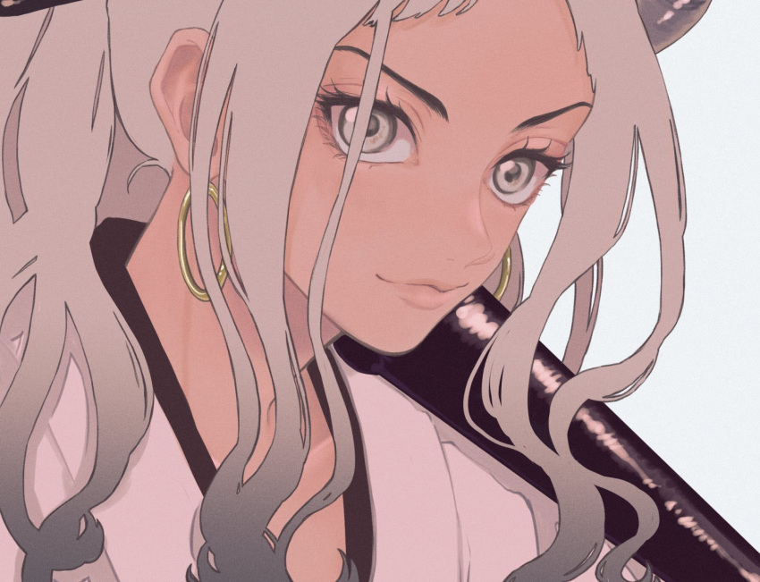 1girl closed_mouth club collarbone earrings eyelashes eyes face grey_eyes grey_hair highres hoop_earrings horns japanese_clothes jewelry kanabou kataginu lips long_hair one_piece oni over_shoulder sidelocks simple_background smile solo weapon weapon_over_shoulder yamato_(one_piece) zhi_(okkyoyo)