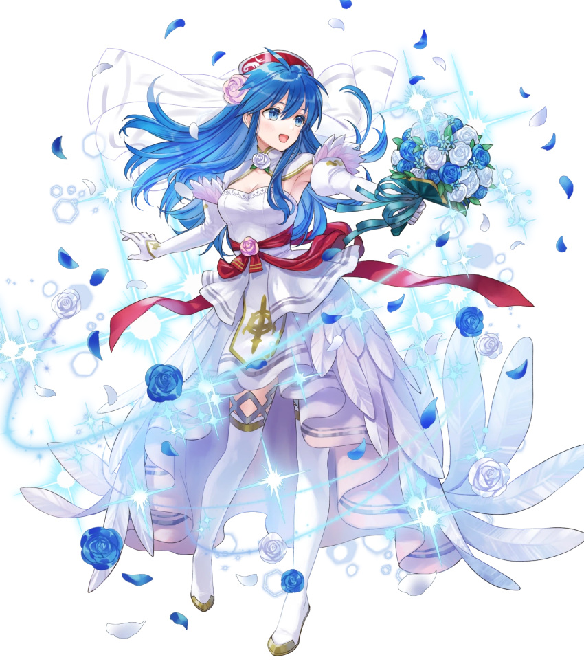 1girl blue_eyes blue_hair bridal_veil dress feather_trim fire_emblem fire_emblem:_the_binding_blade fire_emblem_heroes full_body gold_trim hair_ornament highres kaya8 lilina_(fire_emblem) long_hair non-web_source official_art sidelocks transparent_background veil wedding_dress white_dress