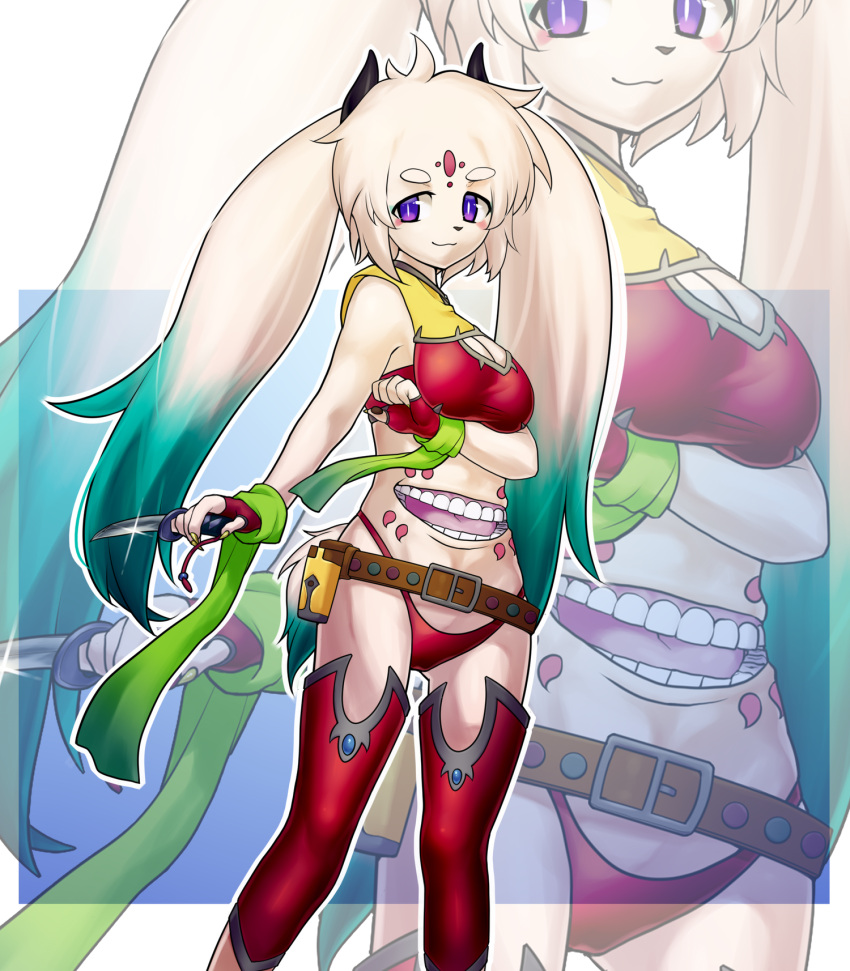 akira_(meltyhip) animal_nose arm_under_breasts belt chest_mouth dagger extra_mouth forehead_jewel furry grin highleg highres horns lisl_(322_rs) looking_at_viewer monster_girl original reverse_grip smile teeth thigh-highs violet_eyes weapon