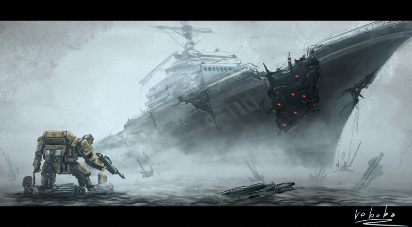 boat bottoms1237 damaged fog from_behind gun highres holding holding_gun holding_weapon looking_up mecha no_humans ocean original raft scenery science_fiction water watercraft weapon