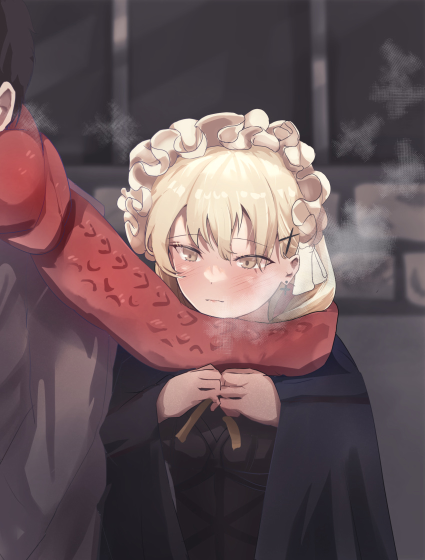 1boy 1girl bangs blonde_hair blush breath brown_hair cross cross_earrings earrings eyebrows_visible_through_hair frilled_hairband frills girls_frontline hair_ornament hairband hairclip highres jewelry light_brown_eyes ppk_(girls_frontline) scarf shared_scarf short_hair solokitsune very_short_hair