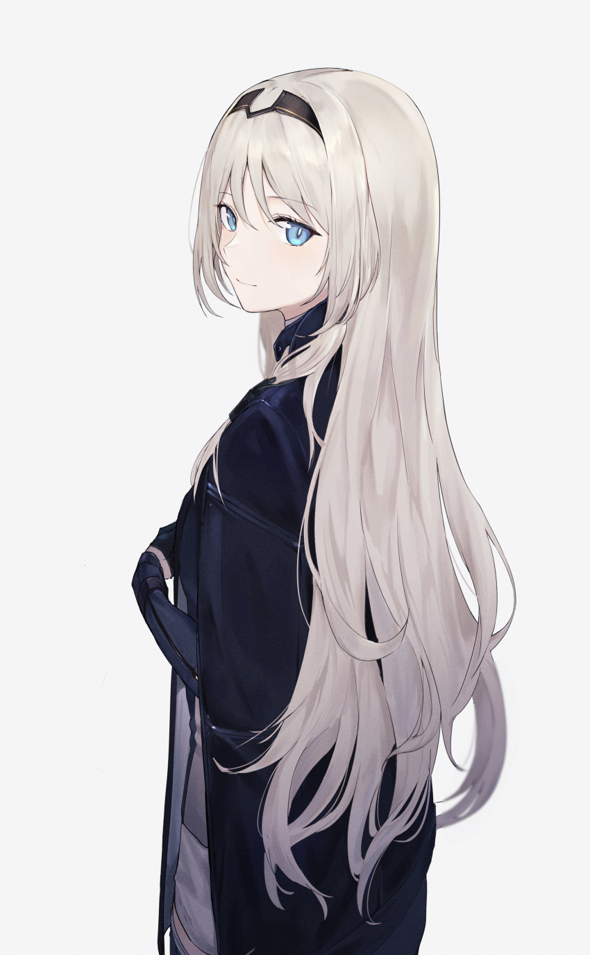 1girl absurdres an-94_(girls_frontline) bangs black_gloves black_jacket blue_eyes blurry closed_mouth depth_of_field eyebrows_visible_through_hair flipped_hair girls_frontline gloves hair_between_eyes hairband highres jacket jacket_on_shoulders light_smile long_hair long_sleeves looking_at_viewer looking_to_the_side open_clothes open_jacket shichi_(ratorin53) short_shorts shorts sidelocks sideways_glance solo standing thigh_strap tsurime white_hair