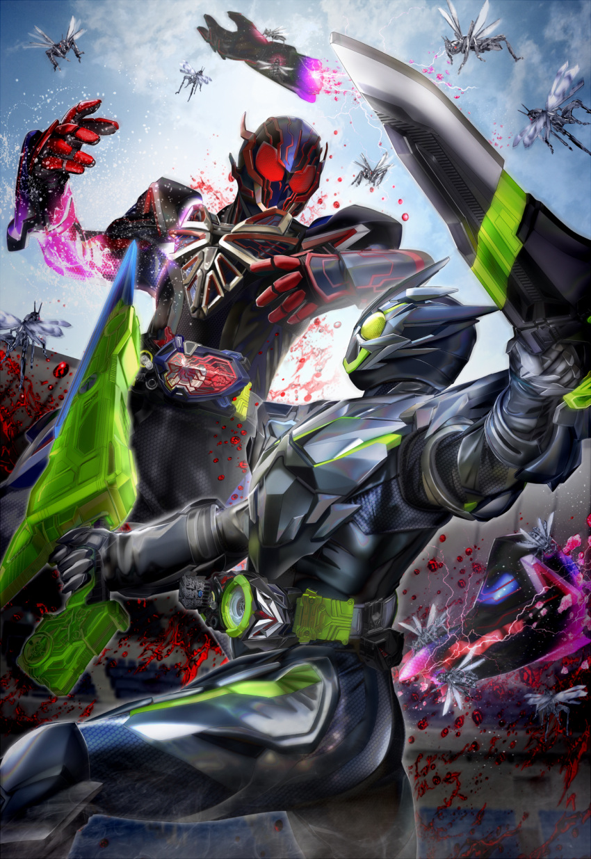 2boys blood clenched_hands clouds dual_wielding fighting helmet highres holding holding_sword holding_weapon kamen_rider kamen_rider_01_(series) kamen_rider_eden kamen_rider_zero-one masukudo_(hamamoto_hikaru) metalcluster_hopper multiple_boys open_hands power_armor red_eyes robot severed_arm severed_limb sky sword tokusatsu weapon yellow_eyes