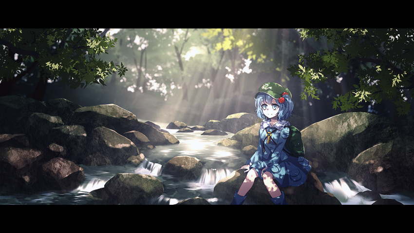 1girl backpack bag bangs blue_dress blue_eyes blue_footwear blue_hair boots breasts caustics closed_mouth commentary_request dappled_sunlight day dise dress feet_out_of_frame frilled_shirt_collar frills green_bag green_headwear hair_bobbles hair_ornament hat highres kawashiro_nitori key knees_together_feet_apart letterboxed light_rays outdoors river scenery short_hair sitting small_breasts smile solo sunlight touhou tree two_side_up v_arms