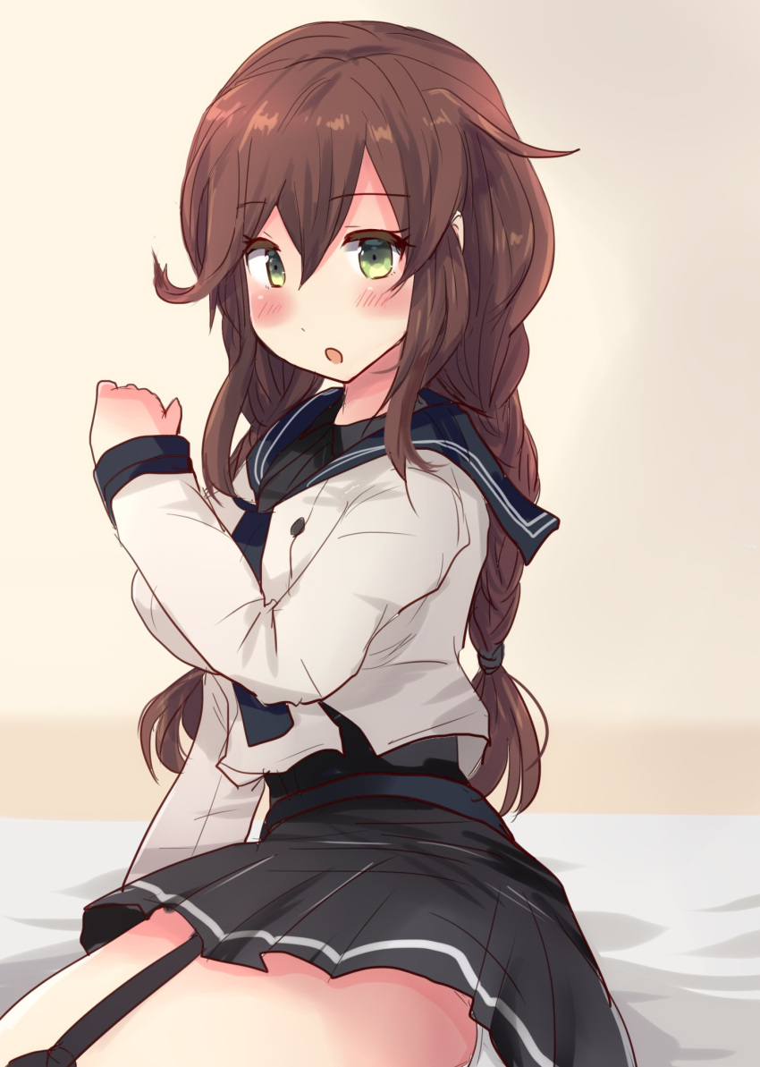 1girl bangs black_sailor_collar black_shirt braid brown_hair cowboy_shot garter_straps green_eyes highres hirune_(konekonelkk) kantai_collection long_sleeves looking_at_viewer necktie noshiro_(kantai_collection) pleated_skirt remodel_(kantai_collection) sailor_collar sailor_shirt school_uniform serafuku shirt sitting skirt solo swept_bangs thigh-highs twin_braids yokozuwari