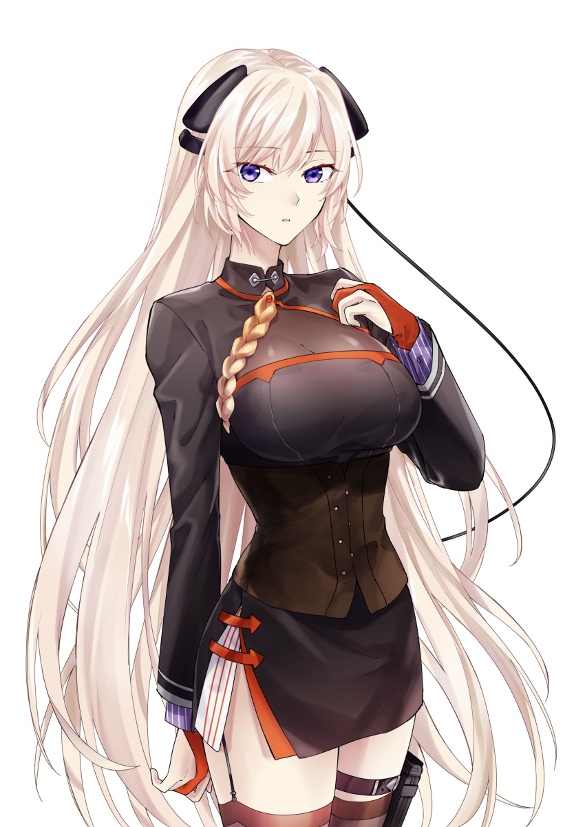 1girl absurdres black_corset black_legwear black_skirt blonde_hair breasts corset eyebrows_visible_through_hair g3_(girls_frontline) girls_frontline hair_ornament hand_on_breast highres large_breasts long_hair looking_at_viewer skirt solo standing suprii thigh-highs violet_eyes white_background