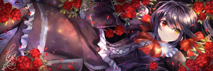 1girl black_dress black_legwear bow bowtie clock_eyes closed_mouth date_a_live dress flower fujimori_shiki gothic_lolita heterochromia highres lolita_fashion long_dress long_hair looking_at_viewer lying on_back red_bow red_eyes red_flower red_neckwear red_rose rose shiny shiny_hair silver_hair smile solo symbol-shaped_pupils tokisaki_kurumi twintails very_long_hair yellow_eyes