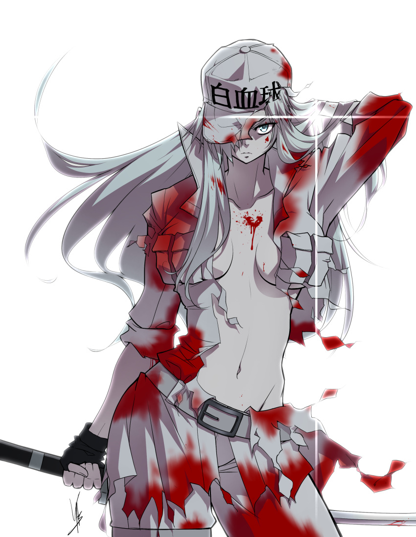 1girl absurdres blood blood_on_breasts blood_on_face bloody_clothes breasts colored_skin fingerless_gloves flat_cap gloves hair_over_one_eye hat hataraku_saibou hataraku_saibou_black highres holding holding_sword holding_weapon large_breasts navel open_clothes pants pleated_skirt simple_background skirt solo sword torn_clothes u-1196 weapon white_background white_blood_cell_(hataraku_saibou) white_hair white_skin yasu_(pixiv)