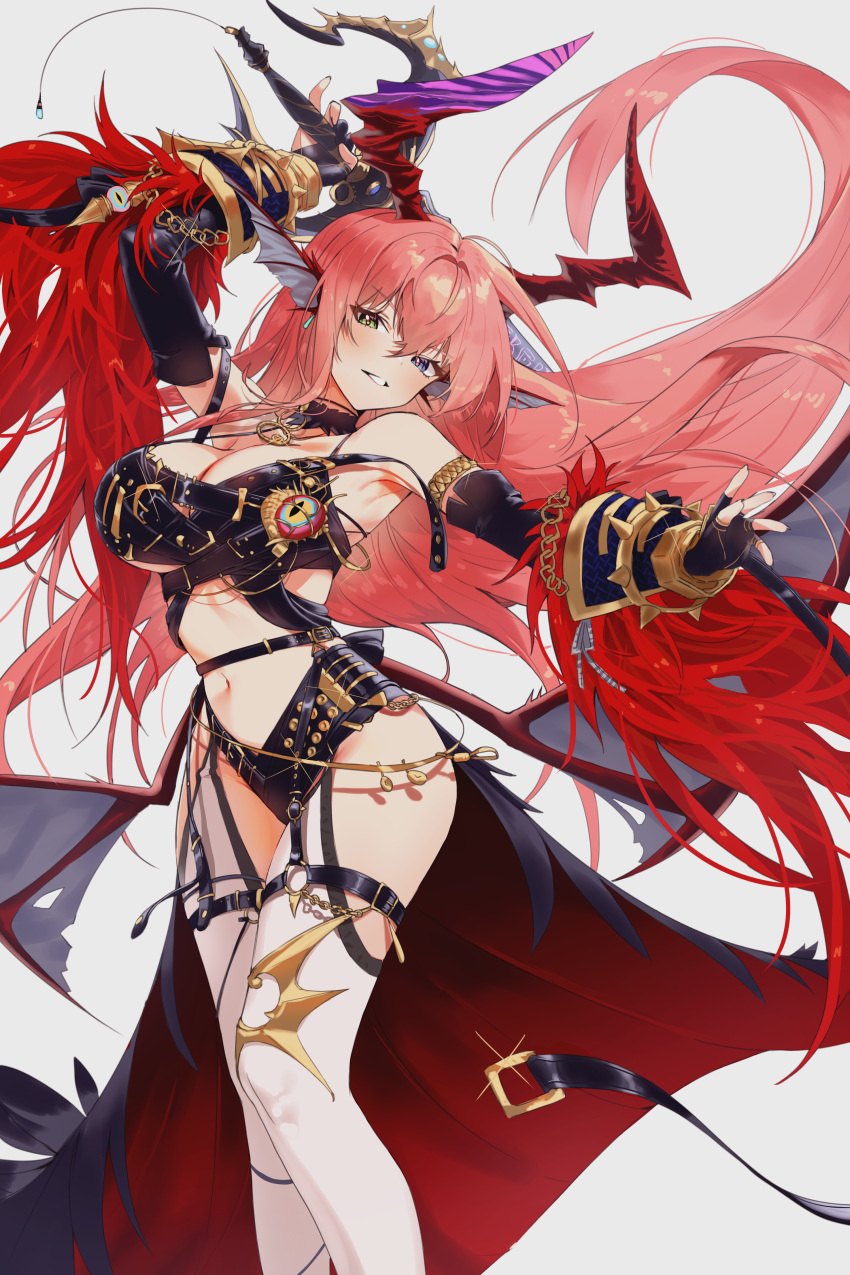 1girl absurdres arms_up bare_shoulders black_gloves blue_eyes breasts chaos_(dungeon_and_fighter) cheunbyeol choker crop_top dungeon_and_fighter elbow_gloves fingerless_gloves garter_straps gloves green_eyes heterochromia highres holding holding_weapon horns knight_(dungeon_and_fighter) large_breasts long_hair looking_at_viewer multicolored_horns navel o-ring parted_lips pink_hair revealing_clothes simple_background smile solo sword thigh-highs very_long_hair weapon white_background white_legwear wings