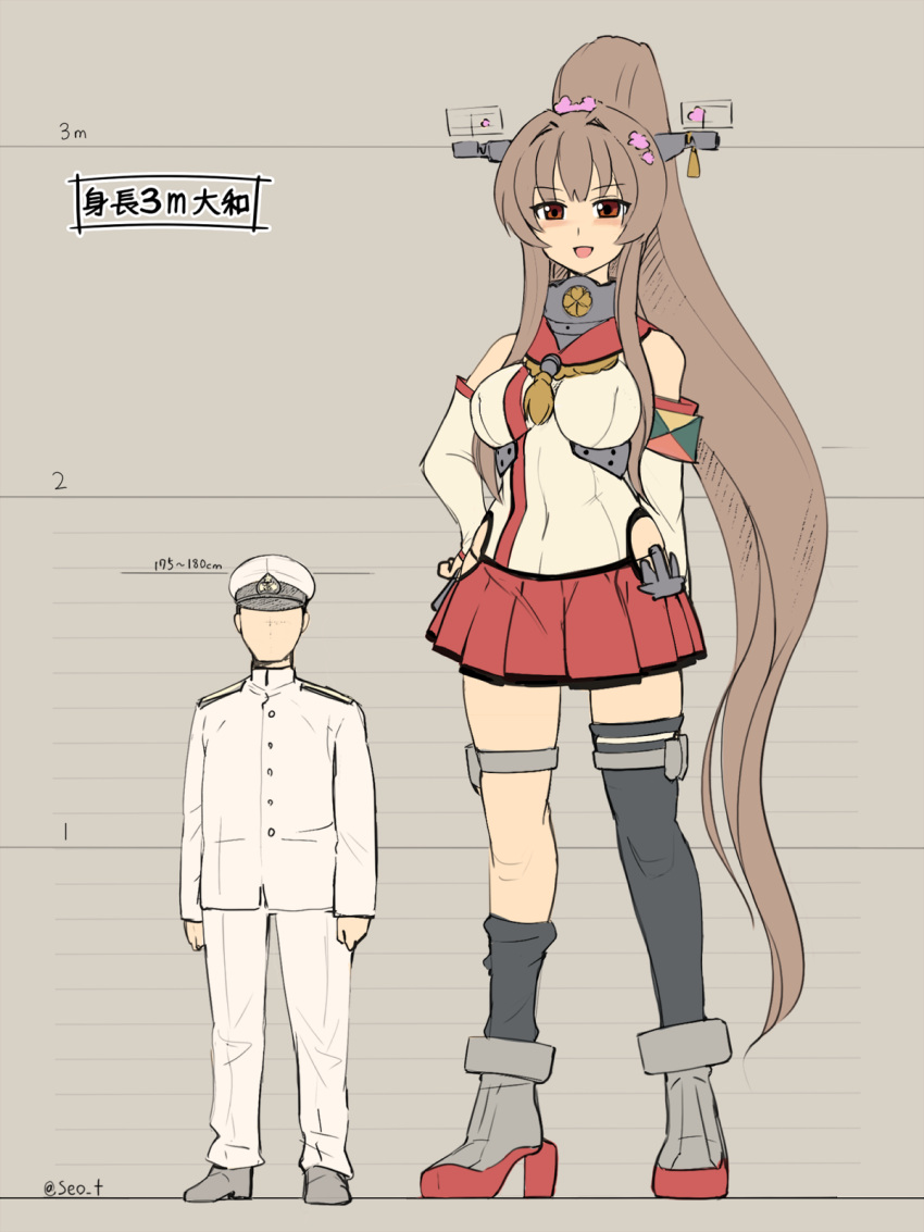 1boy 1girl admiral_(kantai_collection) anchor blush breasts brown_hair chart detached_sleeves flower giant giantess hair_flower hair_ornament hand_on_hip hands_on_hips hat headgear height_chart height_difference height_mark high_heels highres hip_vent kantai_collection large_breasts long_hair military military_hat military_uniform mugshot naval_uniform ponytail seo_tatsuya single_thighhigh size_difference tall tall_female thigh-highs translation_request uniform yamato_(kantai_collection) z_flag