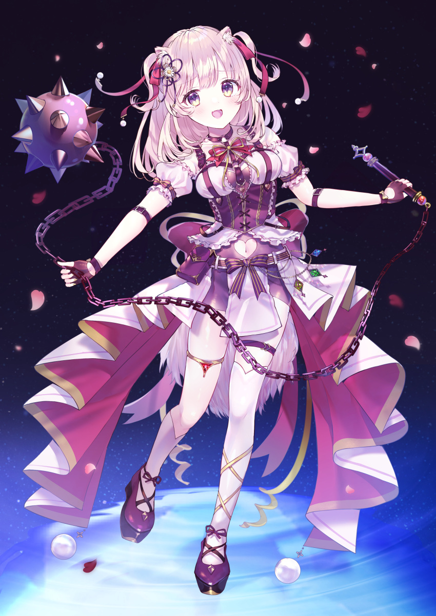 1girl absurdres animal_ear_fluff animal_ears arm_strap ball_and_chain_(weapon) bangs breasts clothing_cutout corset fantasy heart_cutout highres holding holding_weapon kappe_reeka looking_at_viewer medium_breasts navel navel_cutout open_mouth original pink_hair single_thighhigh smile solo spikes tail thigh-highs thigh_strap two_side_up violet_eyes weapon