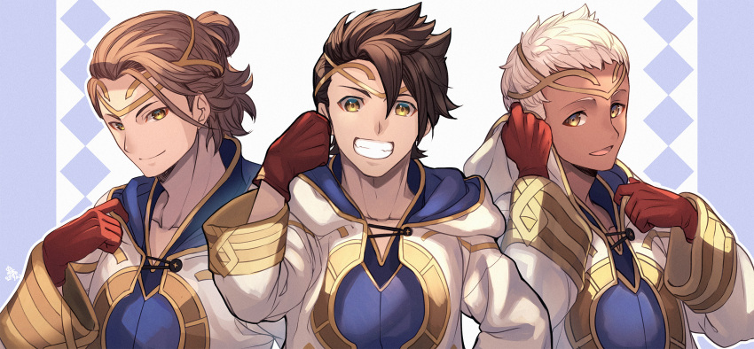 3boys alternate_hairstyle brown_hair clenched_hand clenched_hands dark_skin fire_emblem fire_emblem_heroes gloves hair_bun highres kiran_(fire_emblem) looking_at_viewer multiple_boys nakabayashi_zun official_alternate_costume open_mouth red_gloves smile teeth tiara white_hair yellow_eyes