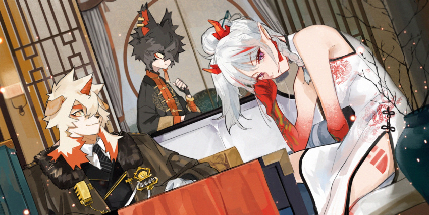 1girl 2boys aak_(arknights) aak_(doctor_of_faces)_(arknights) animal_ears arknights bangs bare_shoulders black_hair black_jacket black_neckwear braid cat_ears china_dress chinese_clothes commentary_request dress dutch_angle eyebrows_visible_through_hair furry hand_up highres horns hung_(arknights) hung_(just_a_driver)_(arknights) ichigatsuai jacket long_hair looking_at_viewer multicolored_hair multiple_boys necktie nian_(arknights) nian_(unfettered_freedom)_(arknights) open_clothes open_jacket pointy_ears redhead short_hair silver_hair sitting sleeveless sleeveless_dress smile streaked_hair upper_body violet_eyes white_dress