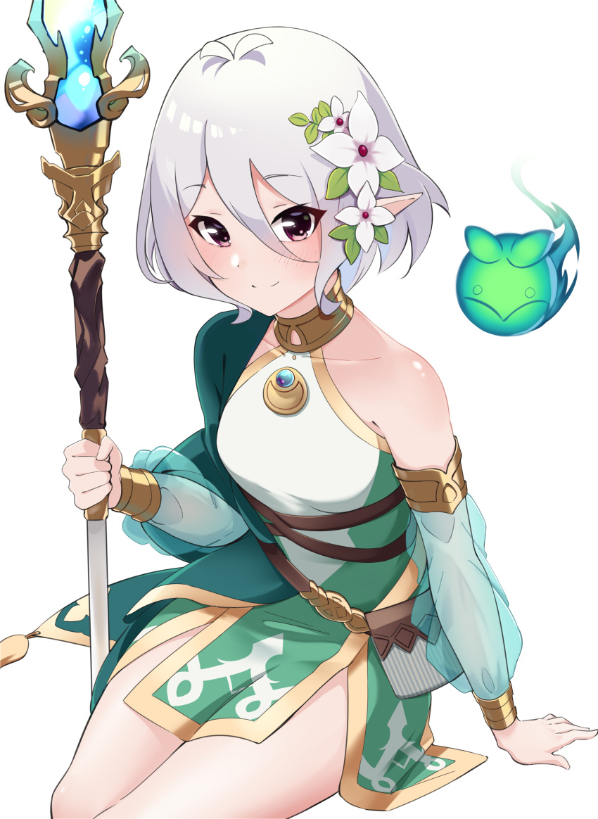 1girl absurdres antenna_hair closed_mouth feet_out_of_frame flower hair_flower hair_ornament highres kokkoro_(princess_connect!) lotus mofumancy pointy_ears princess_connect! princess_connect!_re:dive short_hair silver_hair sitting smile solo white_flower