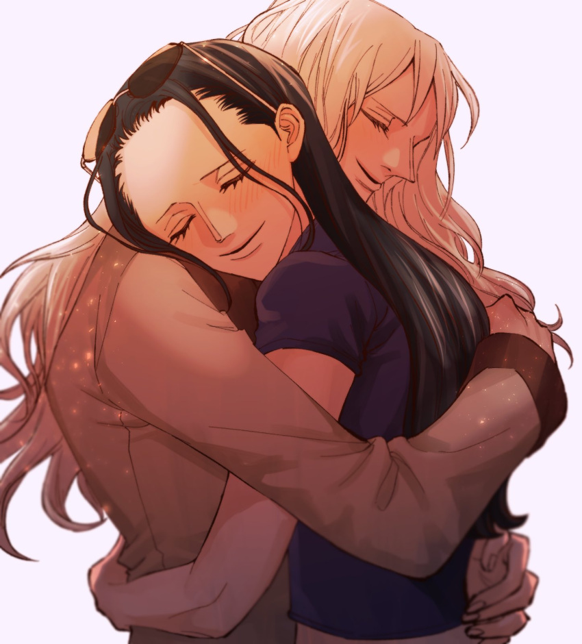2girls arm_around_back black_hair blush closed_eyes closed_mouth coat eyewear_on_head hand_on_another's_back happy head_on_another's_shoulder highres hug long_hair long_sleeves mother_and_daughter multiple_girls nico_olvia nico_robin nsgw one_piece shirt short_sleeves simple_background smile sunglasses upper_body white_background white_hair
