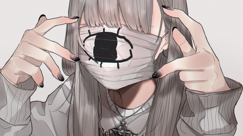 1girl bangs black_nails cross cross_necklace eye_print fingernails grey_background grey_hair grey_sweater hands_up highres jewelry long_hair long_sleeves mano_aaa mask nail_polish necklace original portrait ribbed_sweater simple_background sleeves_past_wrists solo sweater upper_body