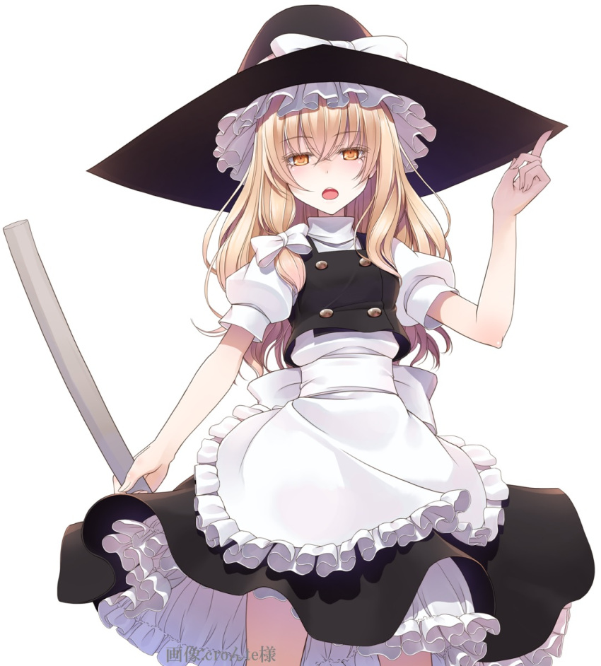 1girl blonde_hair broom chestnut_mouth commentary_request highres holding holding_broom kirisame_marisa long_hair looking_at_viewer open_mouth simple_background solo touhou white_background yellow_eyes
