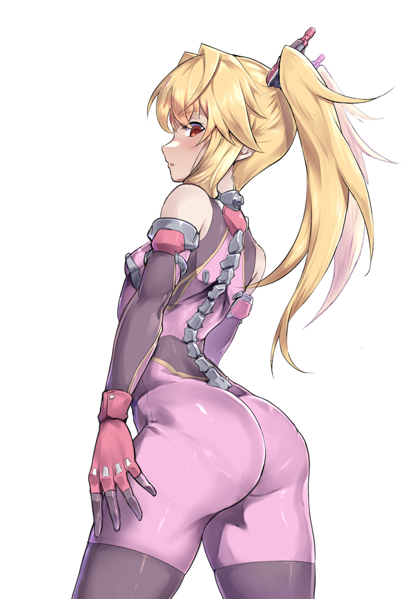 1girl arched_back ass bangs blonde_hair blush breasts depo_(typebaby505) elbow_gloves eyebrows_visible_through_hair from_behind gloves highres looking_at_viewer looking_back open_hand original pilot_suit pink_gloves red_eyes sidelocks small_breasts solo twintails
