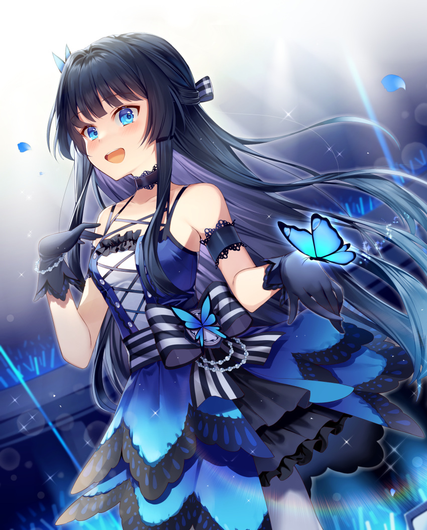 1girl :d absurdres audience black_choker black_gloves black_hair blue_eyes blush bow bug butterfly choker collarbone cowboy_shot dress dutch_angle eyebrows_visible_through_hair floating_hair gloves hair_bow hair_intakes hair_ornament highres idolmaster idolmaster_million_live! idolmaster_million_live!_theater_days insect ion_(on01e) layered_dress long_hair mogami_shizuka multicolored_hair open_mouth pantyhose petals short_dress silver_hair smile solo stage standing striped striped_bow two-tone_hair very_long_hair white_legwear