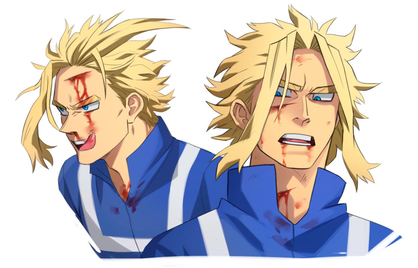 1boy alternate_costume blonde_hair blood blood_on_face blue_eyes boku_no_hero_academia bruise commentary cuts highres injury male_focus multiple_views open_mouth portrait school_uniform short_hair simple_background teeth tongue tongue_out trevo_(trevoshere) u.a._school_uniform white_background yagi_toshinori younger