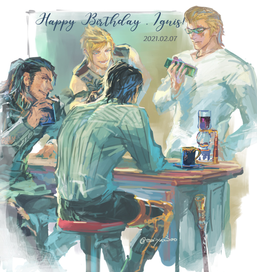 4boys beard black_hair blonde_hair brown_hair cup dated drinking_glass facial_hair final_fantasy final_fantasy_xv gladiolus_amicitia happy_birthday highres ignis_scientia jewelry looking_at_another multiple_boys necklace noctis_lucis_caelum prompto_argentum sitting smile sunglasses tamiyan_(tamiyan300)