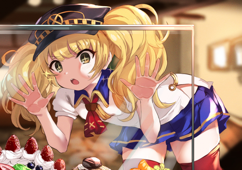 +_+ 1girl against_glass blonde_hair blurry blurry_background cake collared_shirt commentary_request cravat depth_of_field eyebrows_visible_through_hair food fruit glass_container hands_against_glass hands_up hat highres indoors kerchief leaning_forward maou_(maoudaisukiya) miniskirt monika_weisswind open_mouth pastry pleated_skirt princess_connect! princess_connect!_re:dive red_legwear red_neckwear shirt short_sleeves short_twintails skirt solo sparkle strawberry sweatdrop thigh-highs twintails upper_teeth zettai_ryouiki