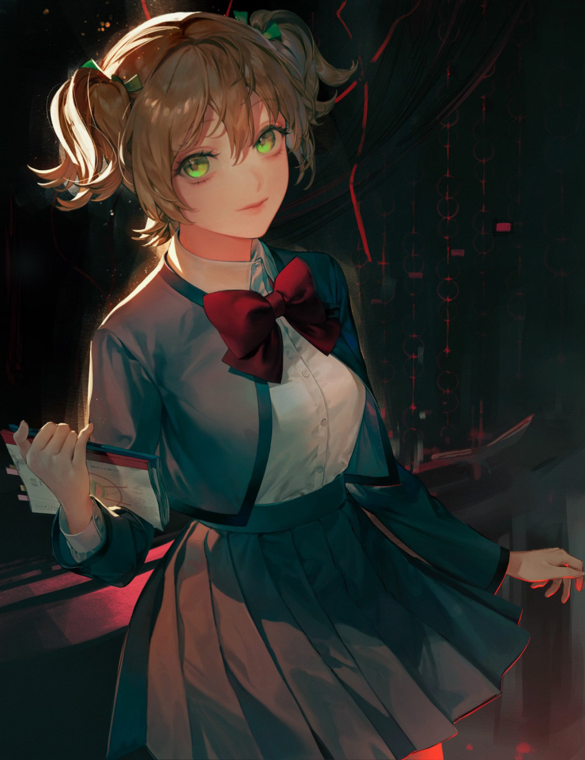 1girl backlighting bangs black_background blonde_hair bow bowtie breasts buttons closed_mouth collared_shirt cowboy_shot curtains daiba_nana dress_shirt eyebrows_visible_through_hair eyelashes green_eyes green_ribbon grey_jacket grey_skirt hair_between_eyes hair_ribbon hand_up high-waist_skirt highres holding holding_notebook jacket light_particles light_smile long_sleeves looking_at_viewer medium_breasts miniskirt notebook open_clothes open_jacket pleated_skirt red_bow red_neckwear ribbon school_uniform seishou_music_academy_uniform shiny shiny_hair shirt shirt_tucked_in short_hair short_twintails shoujo_kageki_revue_starlight skirt solo standing suzumi_(ccroquette) twintails white_shirt