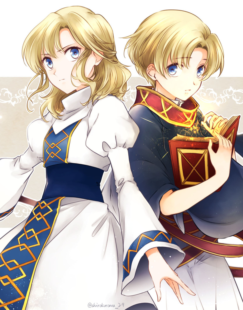 1boy 1girl blonde_hair blue_eyes brother_and_sister closed_mouth eyebrows_visible_through_hair fire_emblem fire_emblem:_new_mystery_of_the_emblem highres holding holding_weapon jubelo_(fire_emblem) looking_at_viewer magic shirokuroma_29 siblings simple_background upper_body weapon yuliya_(fire_emblem)