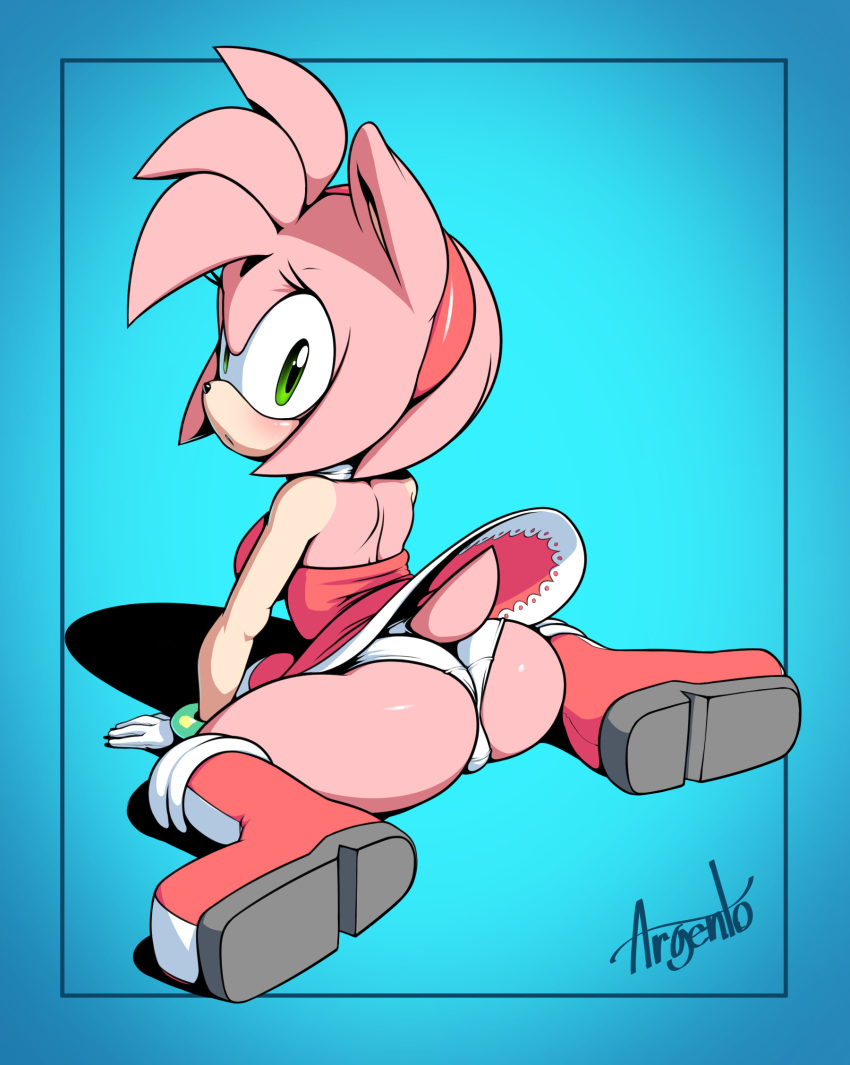 1girl amy_rose animal_nose argento_(sonicboom53) artist_name ass back blue_background blush boots breasts dress english_commentary eyelashes gloves green_eyes hairband hedgehog hedgehog_ears hedgehog_girl hedgehog_tail highres looking_at_viewer looking_back medium_breasts panties pink_hair red_dress red_footwear red_hairband short_hair signature simple_background solo sonic_the_hedgehog underwear white_gloves white_panties