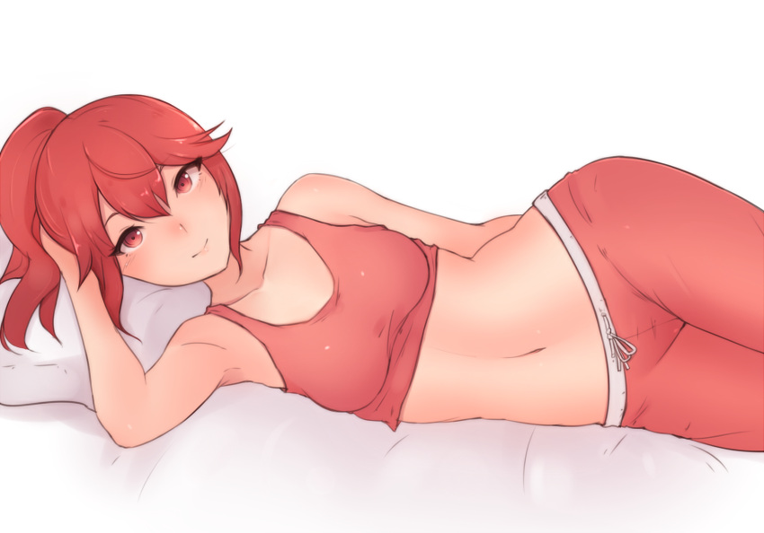 1girl anna_(fire_emblem) bare_shoulders bluefield breasts fire_emblem hair_between_eyes hand_on_own_head highres lying medium_breasts midriff navel on_side pajamas pillow ponytail reclining red_eyes redhead sidelocks simple_background solo tank_top white_background