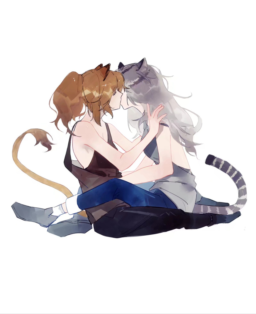 2girls animal_ears arknights backless_outfit bare_arms black_pants blue_pants brown_hair brown_shirt cat_ears cat_tail closed_eyes couple grey_footwear grey_hair grey_shirt hands_on_another's_shoulders hands_on_another's_waist highres indra_(arknights) kiss leg_lock lion_ears lion_tail llmia4 long_hair loose_clothes loose_shirt multiple_girls pants ponytail shirt siege_(arknights) simple_background socks tail tank_top white_background white_footwear yuri