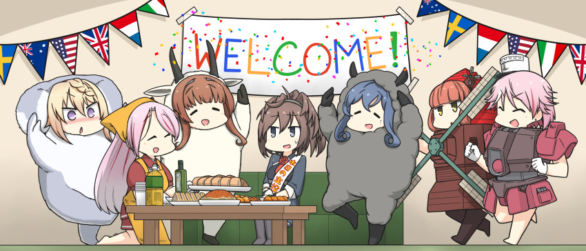 alternate_costume american_flag animal_costume apron australian_flag bandana bangs banner barefoot black_legwear blonde_hair blue_hair blush bottle braid braided_bangs bread brown_hair closed_eyes confetti costume couch cup de_ruyter_(kantai_collection) eyebrows_visible_through_hair flag food giuseppe_garibaldi_(kantai_collection) gloves gotland_(kantai_collection) hair_between_eyes hamu_koutarou hat headgear helena_(kantai_collection) highres horns indoors italian_flag kantai_collection long_hair luigi_di_savoia_duca_degli_abruzzi_(kantai_collection) mole mole_under_eye multicolored_hair multiple_girls open_mouth perth_(kantai_collection) pink_hair plate ponytail redhead sandwich sheffield_(kantai_collection) short_hair sidelocks sitting standing streaked_hair sweat swedish_flag table twin_braids union_jack white_gloves windmill yellow_apron