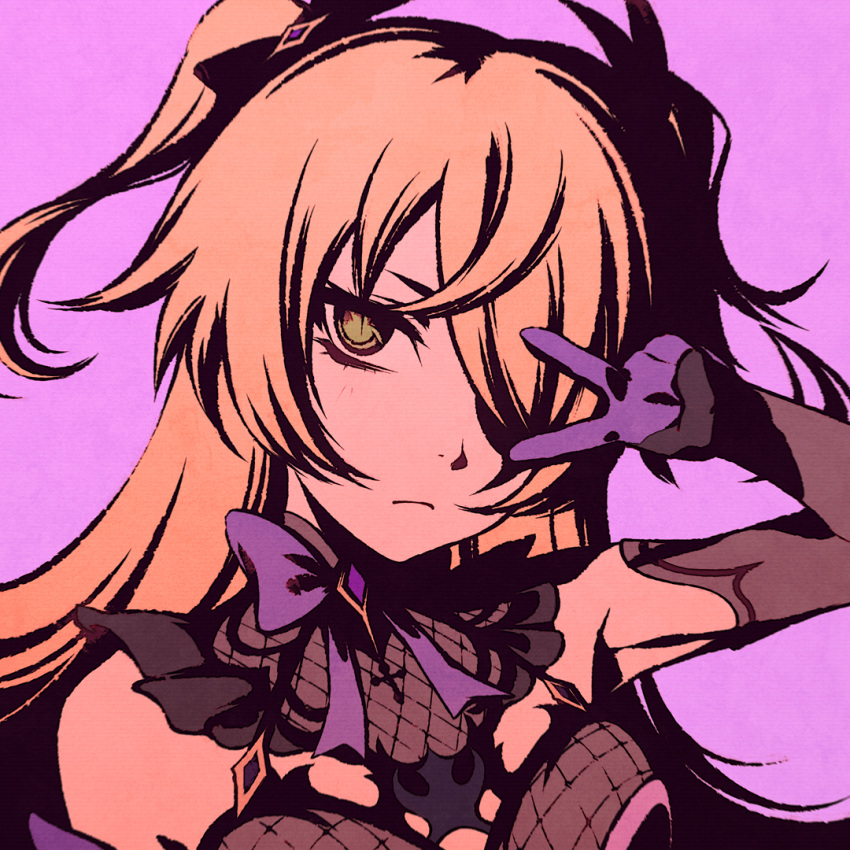 1girl bangs blonde_hair bow breasts elbow_gloves eyepatch fischl_(genshin_impact) genshin_impact gloves green_eyes hair_over_one_eye looking_at_viewer medium_breasts moshimoshibe one_eye_covered purple_background purple_bow single_elbow_glove single_glove solo two_side_up upper_body v