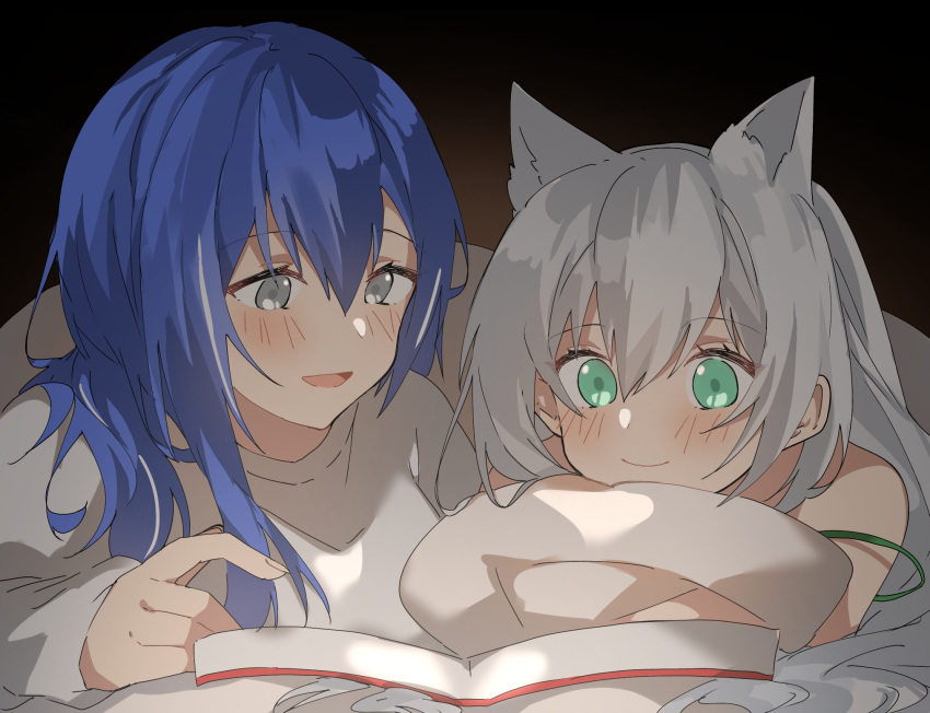 2girls animal_ears aogisa blue_hair blush book dp28_(girls_frontline) eyebrows_visible_through_hair girls_frontline grey_hair highres ksvk_(girls_frontline) long_hair looking_at_another looking_down lying multiple_girls on_stomach open_mouth shirt simple_background smile white_shirt