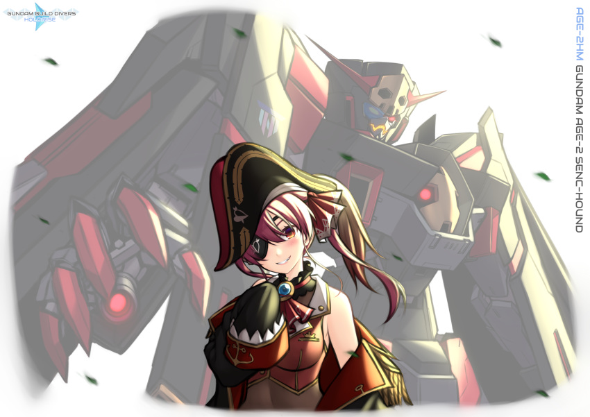 1girl ascot black_jacket blush breasts character_name eyepatch floating_hair gundam gundam_age gundam_age-2_darkhound gundam_build_divers gundam_build_divers_re:rise hat head_tilt heterochromia highres hololive houshou_marine jacket logo_parody looking_at_viewer mecha medium_breasts off_shoulder one_eye_covered open_hand parody pinguinkotak pirate pirate_hat red_eyes science_fiction skull smile title_parody twintails v-fin yellow_eyes