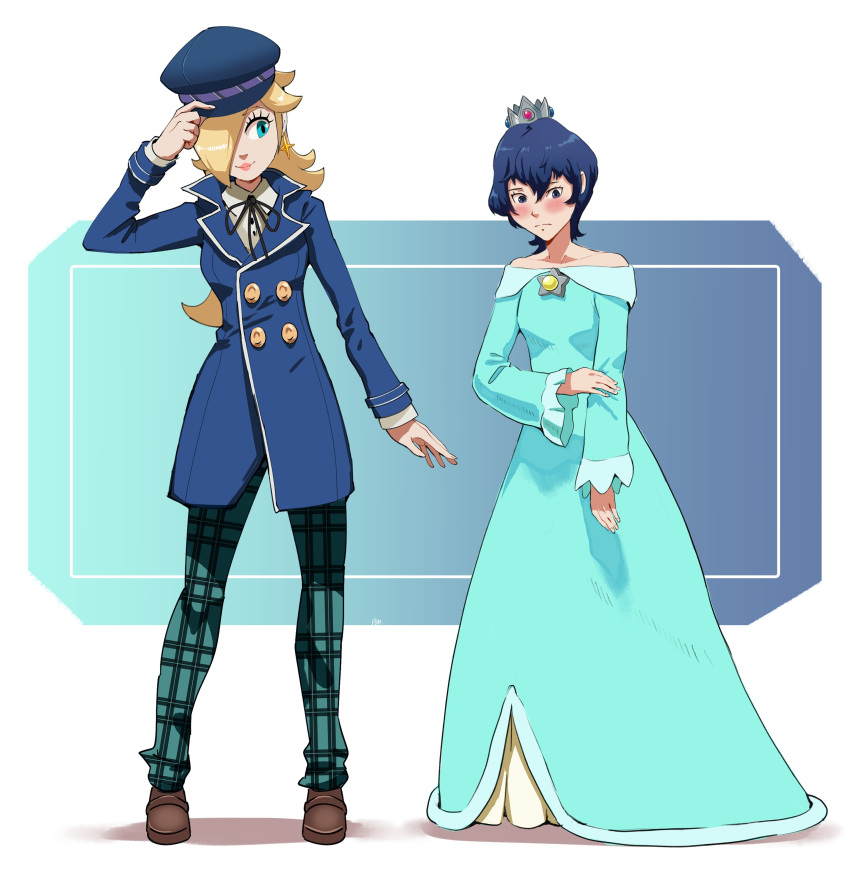 2girls absurdres aqua_dress aqua_eyes blonde_hair blue_coat blue_eyes blue_hair blush brown_footwear cabbie_hat coat cosplay costume_switch crossover crown dress earrings francisco_mon hair_over_one_eye hat highres jewelry loafers super_mario_bros. multiple_girls pants persona persona_4 plaid plaid_pants rosalina rosalina_(cosplay) shirogane_naoto shirogane_naoto_(cosplay) shoes super_mario_galaxy