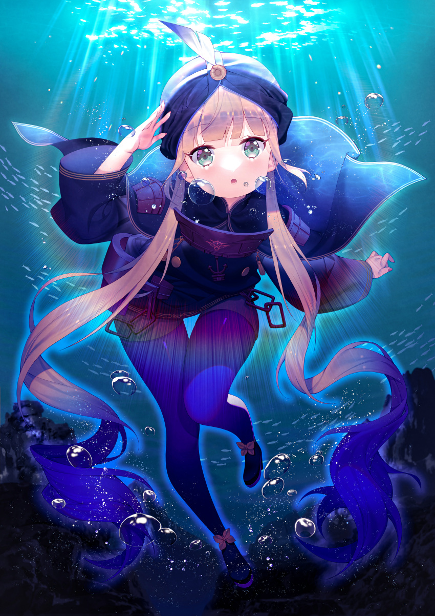 1other absurdres anchor blue_hair blue_legwear captain_nemo_(fate) fate/grand_order fate_(series) fish highres huge_filesize lemonpear light_brown_hair long_hair long_sleeves military military_uniform naval_uniform ocean outdoors shoe_ribbon shorts solo swimming turban twintails underwater uniform water