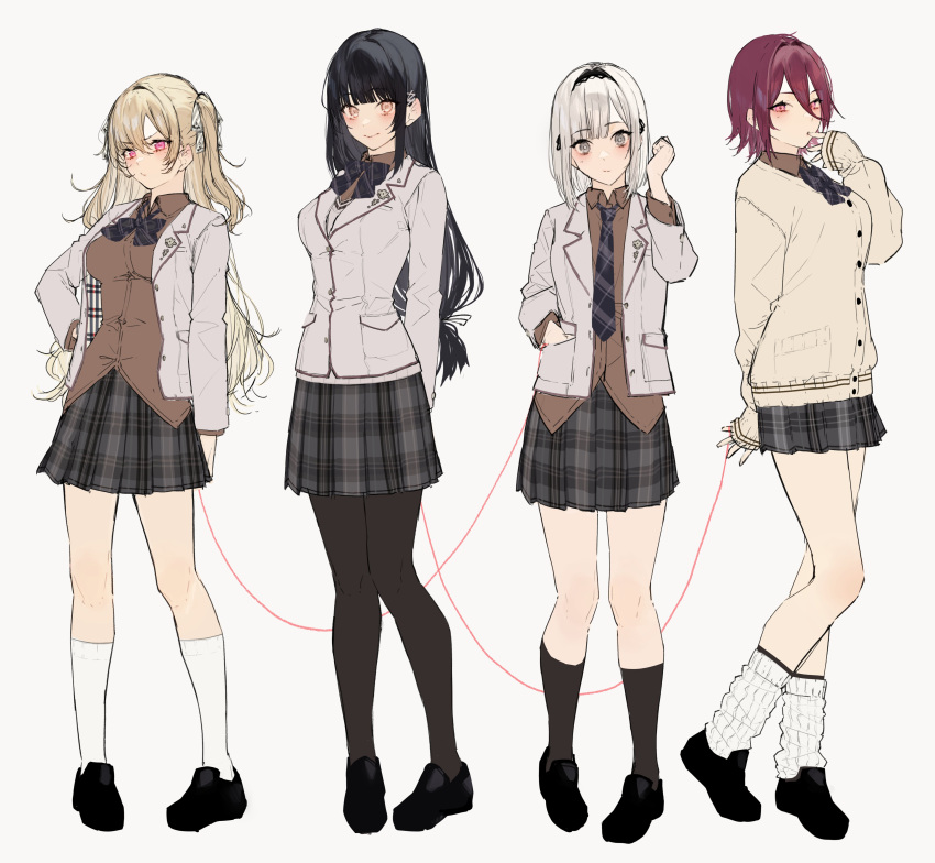 4girls absurdres bangs black_footwear black_hair blazer blonde_hair blush bow bowtie breasts brown_cardigan brown_eyes brown_shirt buttons cardigan closed_mouth commentary finger_to_mouth flat_chest grey_background grey_eyes hair_ornament headband highres jacket kayahara large_breasts long_hair long_sleeves looking_at_viewer loose_socks miniskirt multiple_girls necktie open_clothes open_jacket original pantyhose pink_eyes plaid plaid_skirt pleated_skirt red_eyes redhead school_uniform shirt short_hair simple_background skirt smile standing string string_of_fate thigh-highs two_side_up white_hair white_jacket white_legwear yuri zettai_ryouiki