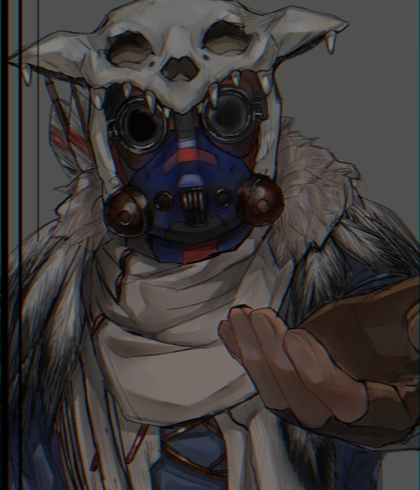 1other ambiguous_gender animal_skull apex_legends bloodhound_(apex_legends) brown_gloves fingerless_gloves gloves grey_background head_tilt helmet highres looking_at_viewer mask open_hand shun_(derorian71) skull solo