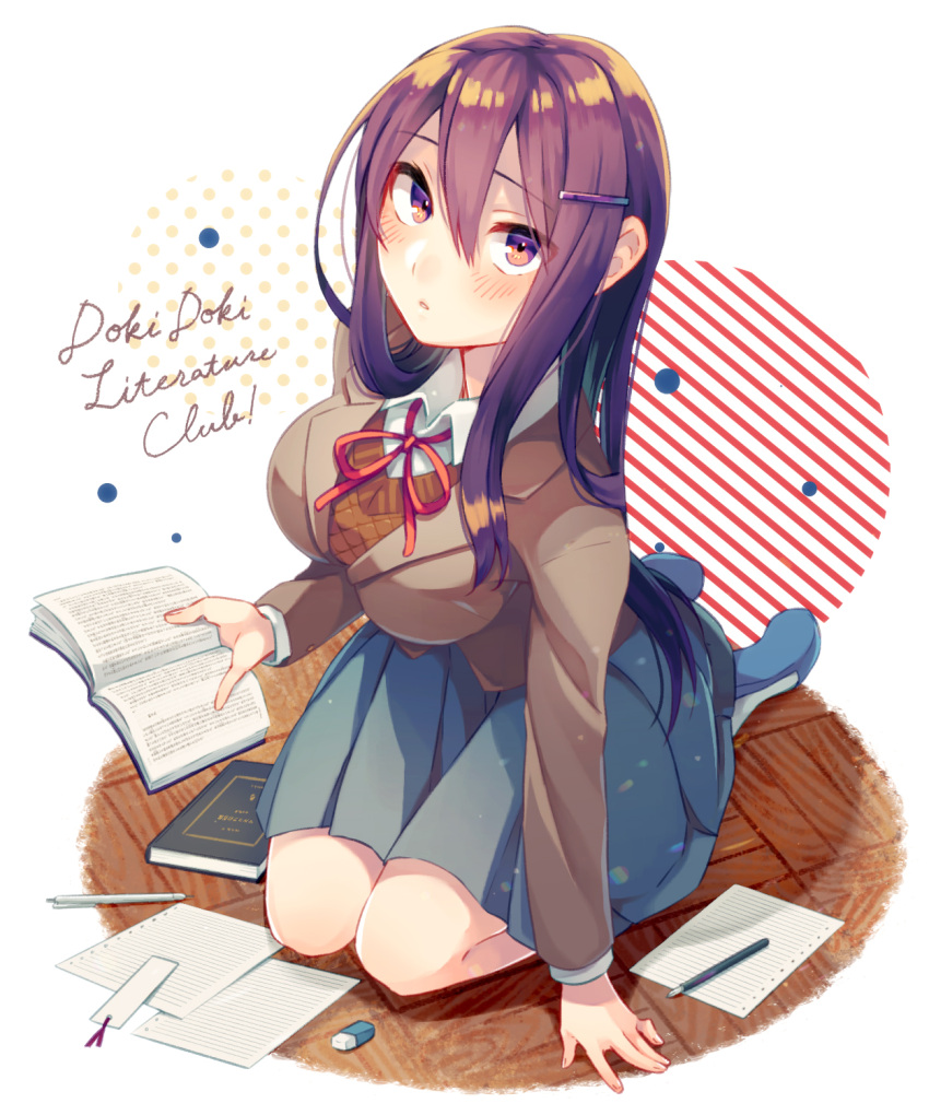 ! 1girl blush book breasts commentary_request copyright_name doki_doki_literature_club eraser eyes_visible_through_hair hair_between_eyes highres holding holding_book large_breasts long_hair long_sleeves looking_at_viewer pen purple_hair school_uniform seiza shifumame sitting skirt solo violet_eyes yuri_(doki_doki_literature_club)