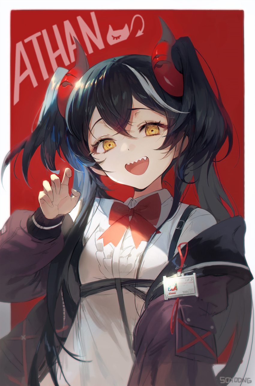 1girl artist_name bangs black_hair black_jacket border bow bowtie breasts buckle character_name claw_pose collared_shirt crossed_bangs hair_between_eyes hair_strand hand_up highres hook id_card jacket long_hair long_sleeves looking_at_viewer messy_hair off-shoulder_jacket open_mouth original outside_border red_border red_neckwear sharp_teeth shirt sidelocks small_breasts smile solo soyoong_jun strap teeth tongue two_side_up upper_body upper_teeth white_shirt yellow_eyes