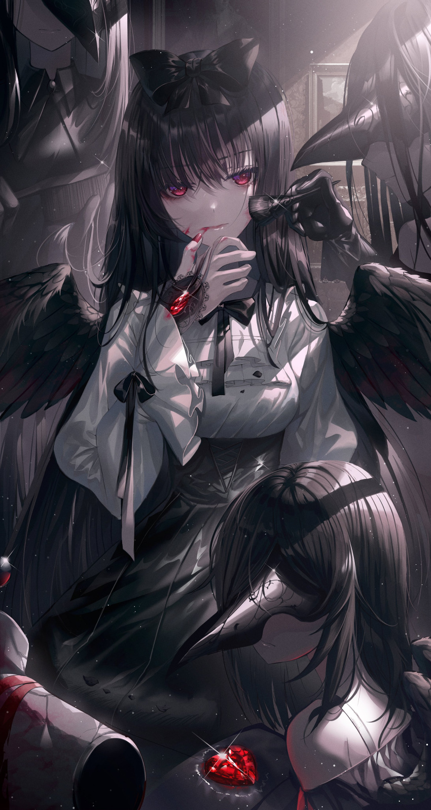 4girls absurdres bangs bare_shoulders black_bow black_hair black_neckwear black_skirt black_wings blood blood_on_face bow bowtie breasts closed_mouth commentary english_commentary eyebrows_visible_through_hair feathered_wings frilled_shirt frilled_sleeves frills gem glint hair_bow hair_brush high-waist_skirt highres indoors long_hair long_sleeves looking_at_viewer makeup_brush mask medium_breasts multiple_girls okazu_(eightstudio) original red_eyes ruby_(gemstone) shirt skirt solo_focus straight_hair very_long_hair white_shirt wide_sleeves wings