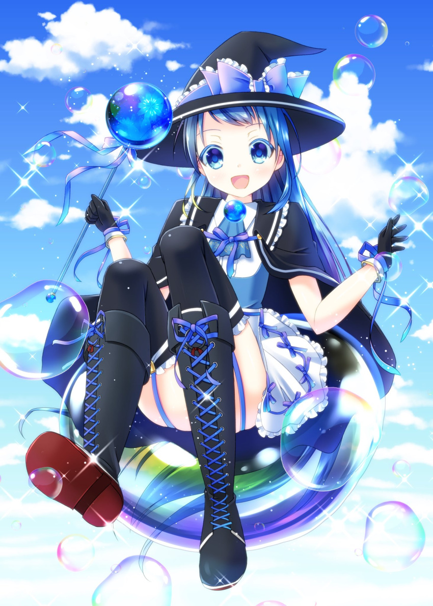 1girl adapted_costume alternate_costume black_footwear black_gloves black_headwear black_legwear blue_dress blue_eyes blue_hair blue_neckwear blue_sky blush boots brooch bubble cape chisamikan clouds cloudy_sky cross-laced_footwear day dress floating flying full_body garter_straps gloves hat highres jewelry kantai_collection long_hair looking_at_viewer open_mouth samidare_(kantai_collection) shirt sitting sky sleeveless sleeveless_shirt smile solo staff thigh-highs very_long_hair white_dress witch witch_hat