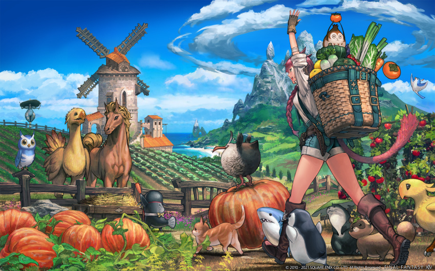 1girl animal_ears arm_up bird braid braided_ponytail breasts carrot cat cat_ears cat_tail chocobo day field final_fantasy final_fantasy_xiv fingerless_gloves gloves green_eyes highres horse medium_breasts miqo'te mountain namazu official_art open_mouth otter outdoors owl pumpkin redhead scarecrow shirt shorts sleeves_rolled_up solo spring_onion square_enix tail tomato walking watermark white_shirt windmill