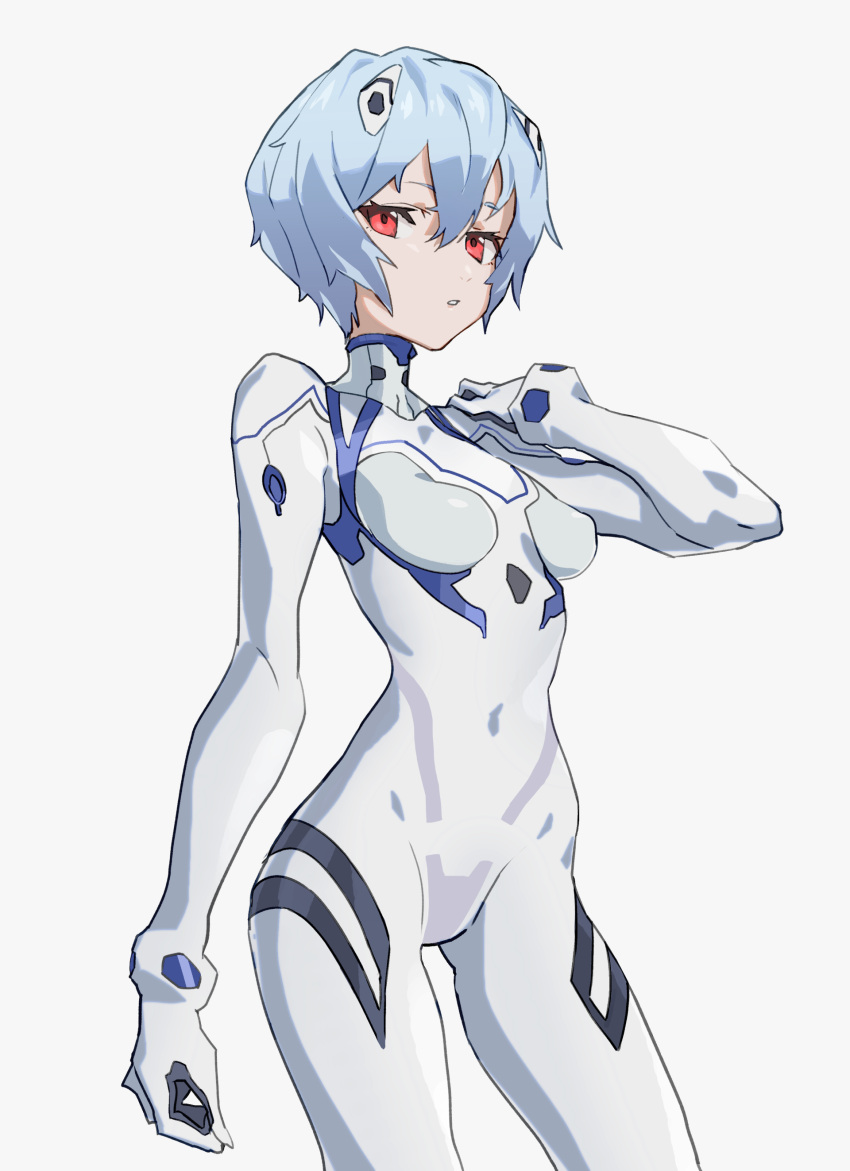 1girl :o absurdres ayanami_rei blue_hair bodysuit breasts cancell covered_navel cropped_legs evangelion:_3.0+1.0_thrice_upon_a_time hair_between_eyes hand_on_own_shoulder highres interface_headset looking_down neon_genesis_evangelion pilot_suit plugsuit rebuild_of_evangelion short_hair skin_tight small_breasts solo white_background