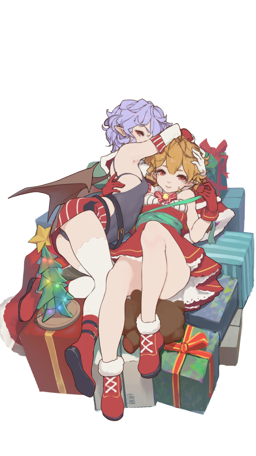 2girls ass atk7 bare_shoulders bat_wings bell belt black_leotard blonde_hair blue_hair boots bow bowtie bra_strap christmas_lights christmas_ornaments christmas_tree commentary_request dress elbow_gloves fur-trimmed_boots fur_trim gift gloves hair_between_eyes hand_on_another's_face hand_on_another's_head highres jingle_bell knee_up leotard looking_at_viewer looking_back lying multiple_girls on_back original pointy_ears red_bow red_dress red_eyes red_footwear red_gloves red_ribbon red_skirt ribbon short_hair simple_background skirt slit_pupils striped striped_bow striped_skirt stuffed_animal stuffed_toy teddy_bear thick_eyebrows thigh-highs white_background white_gloves white_legwear wings