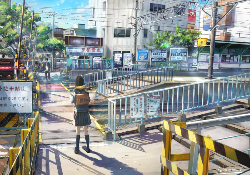 1boy 1girl backpack bag black_hair black_skirt blue_sky brown_footwear car fence ground_vehicle highres kneehighs motor_vehicle original outdoors power_lines railing railroad_tracks sakura_inu_(itoyatomo) scenery school_uniform serafuku shadow sign skirt sky standing traffic_cone white_footwear