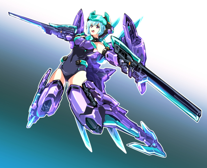 1girl black_leotard blue_hair boots breasts brown_eyes covered_navel dual_wielding floating frame_arms_girl gunblade highres holding holding_weapon hresvelgr ishiyumi leotard mecha_musume medium_breasts open_mouth science_fiction solo thigh-highs thigh_boots visor_(armor) weapon